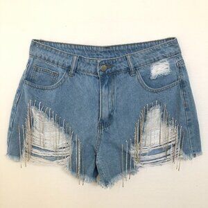 Sparkle Embellished Fringe Distressed Denim Shorts Waist 30"